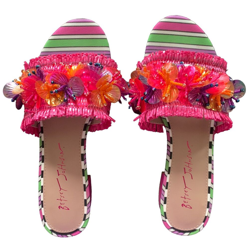 Betsey Johnson Floral Beaded Slide Sandals Pink Striped Size 6 Worn Once - Picture 2 of 6